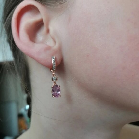 Rose Gold Plated Pink Zirconia Dangle Earrings - Picture 2 of 8